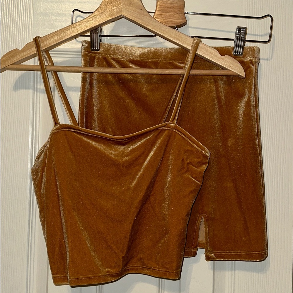 Velvet Two-Piece Skirt Set in Mustard
